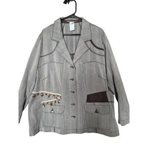 Alain Weiz Blazer Jacket Womens 24 Gray Striped Boho Tassel Pockets Button Front